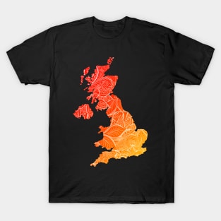 Colorful mandala art map of United Kingdom with text in red and orange T-Shirt